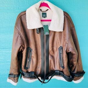 Faux Shearling Aviator Jacket Vintage Style Wild Fable Brown SIZE XL NWT